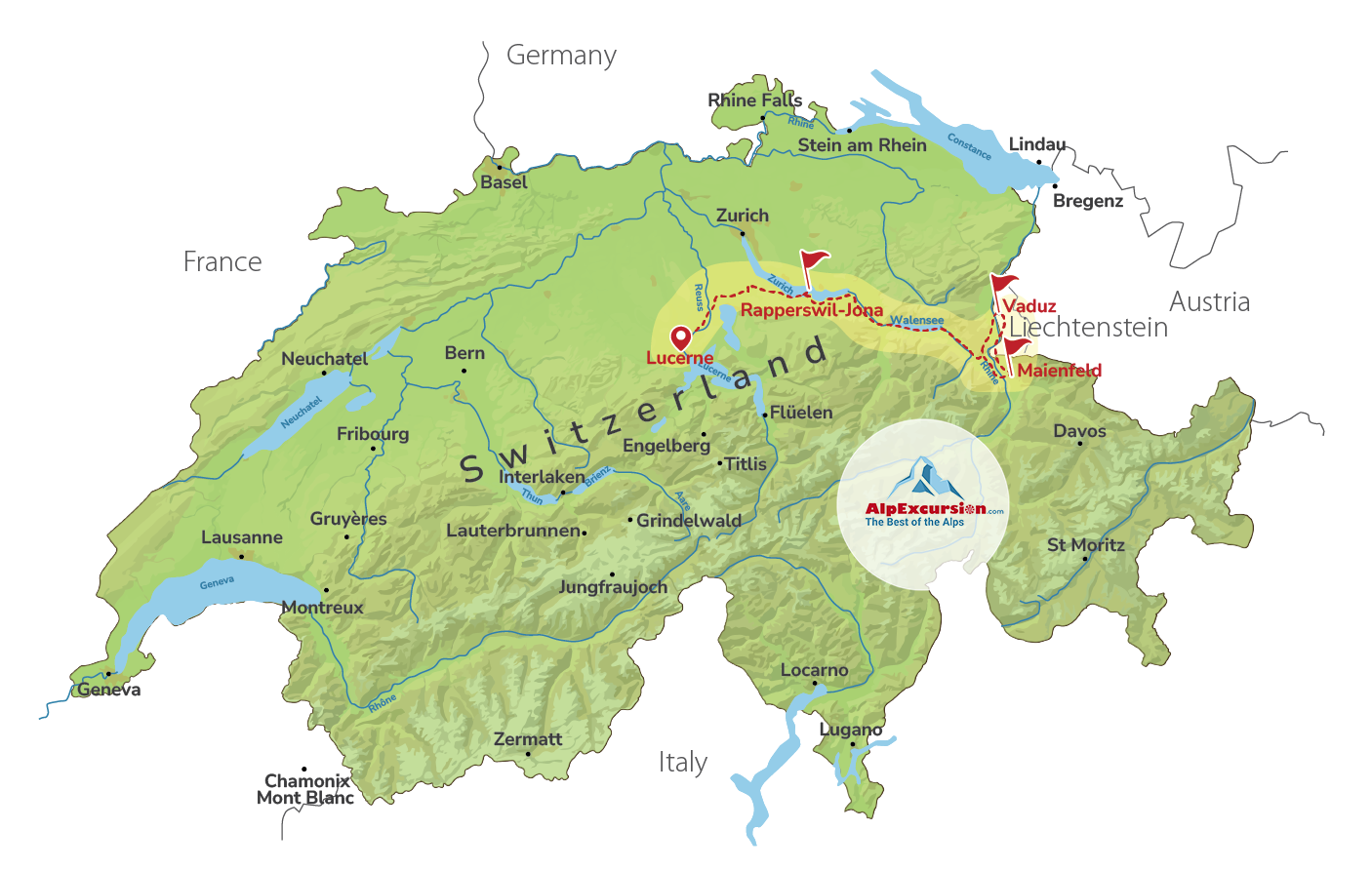 Vaduz au Liechtenstein et Heidiland en Suisse au cours d’un voyage privé au départ de Lucerne