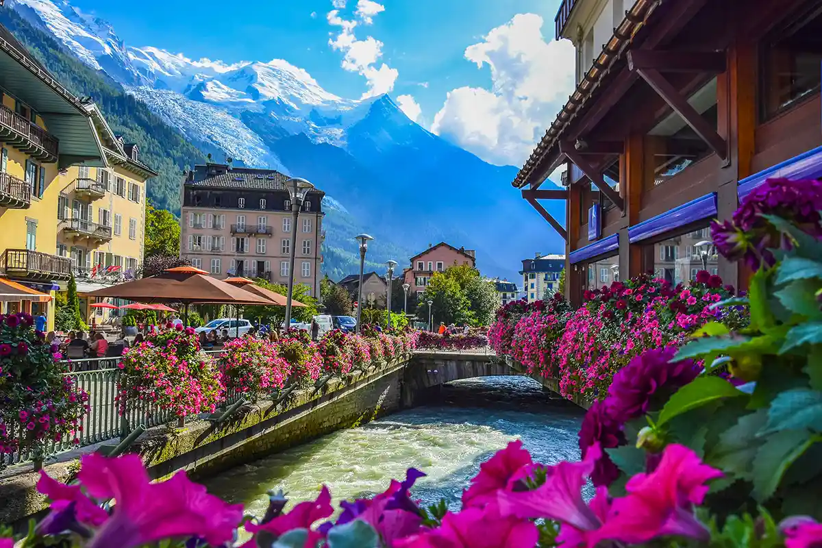 View of the Arve river and Mont-Blanc from the centre of Chamonix