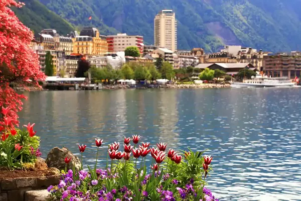A picturesque spring landscape, Lake Geneva and view of Montreux